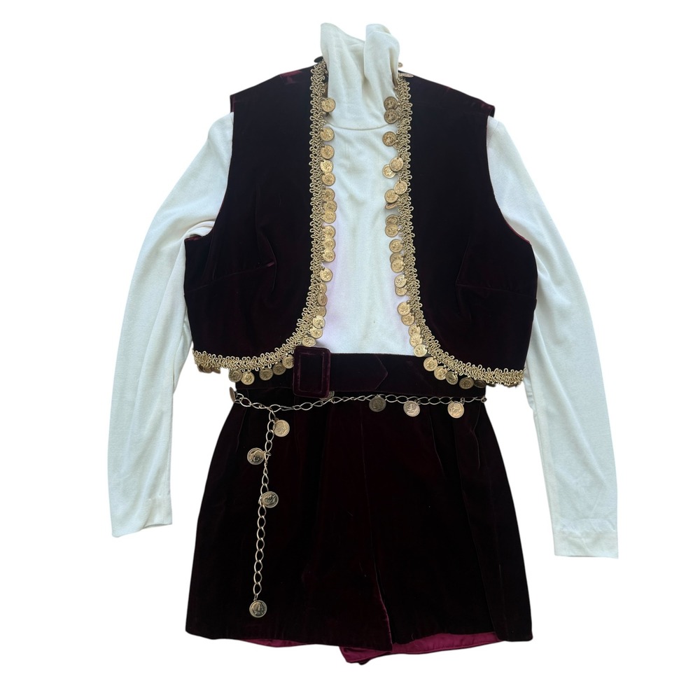Vintage 70s Turkish Ottoman Folk Costume Burgundy Velvet Gold Coin Vest Shorts S